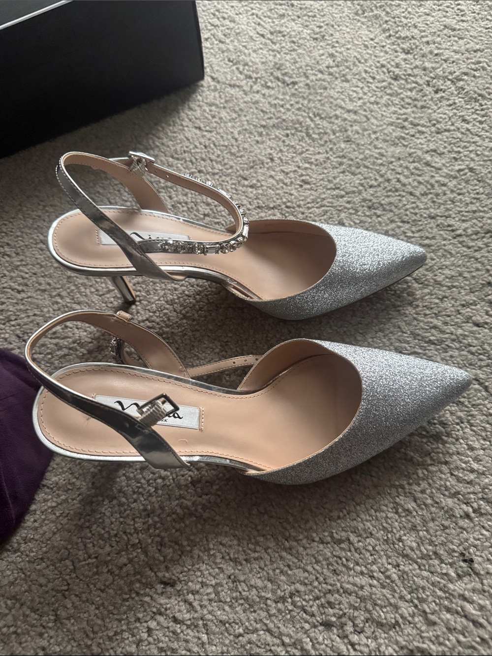 Nina Silver Glitter Pointed Slingback Heels